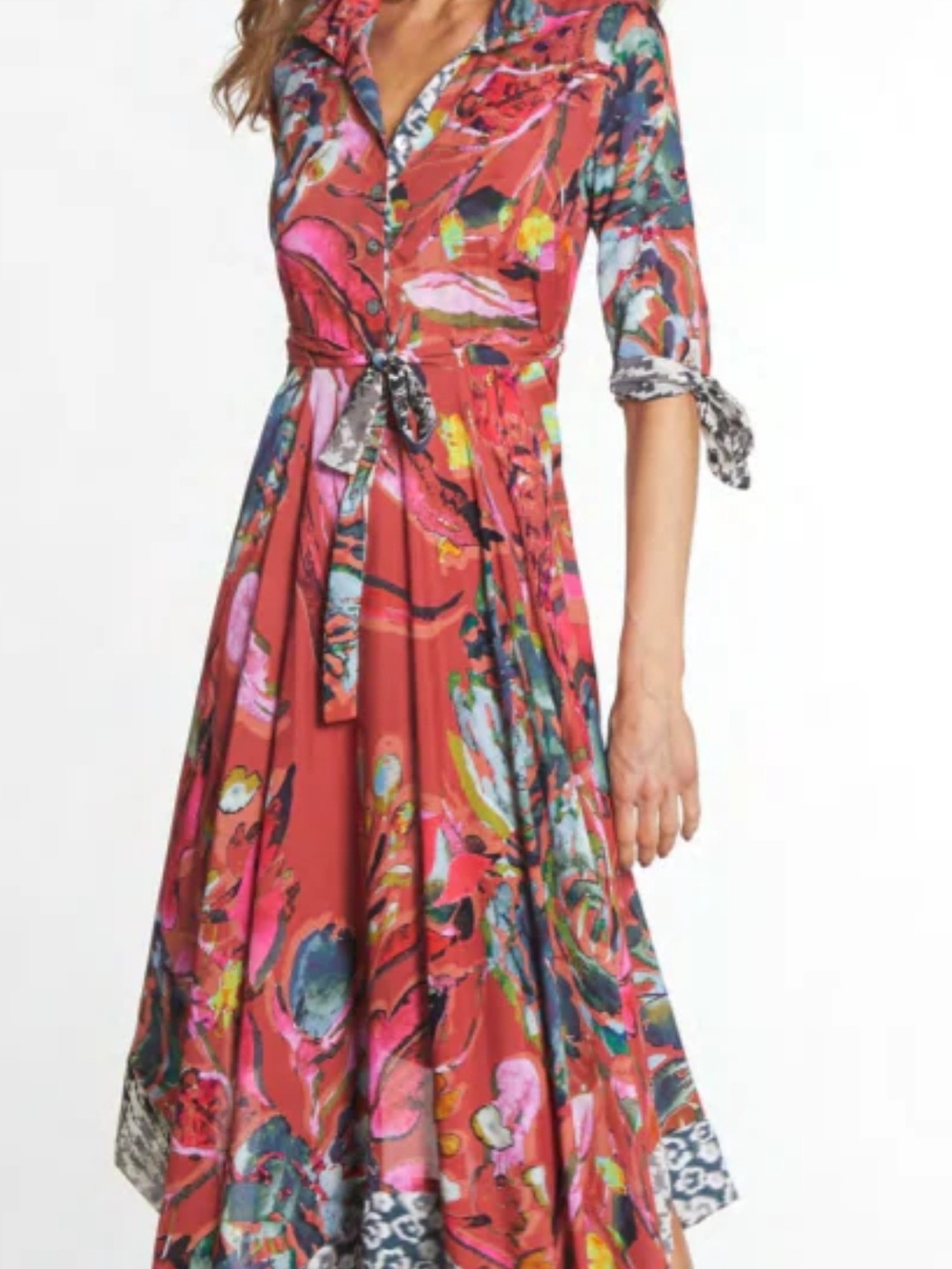 John Mark Coral Floral Midi Shirt Dress